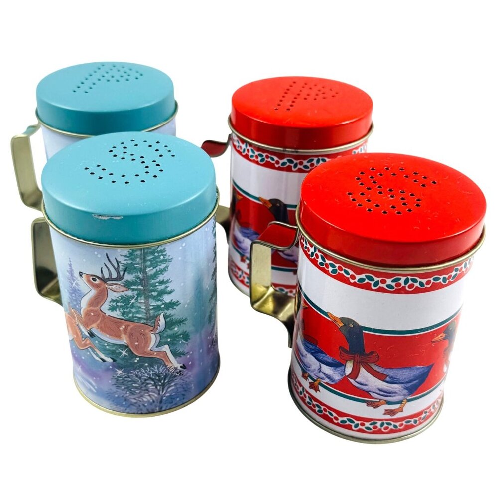 Vintage Christmas-Themed Tin Salt & Pepper Shakers With Handles